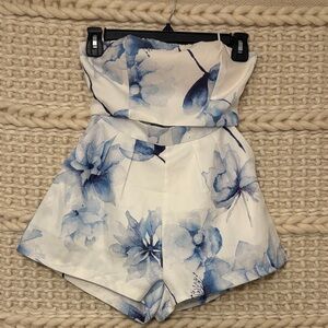 Show Po Floral White & Blue High-Waist Set Co-ord Top and Shorts Size XXS/XS